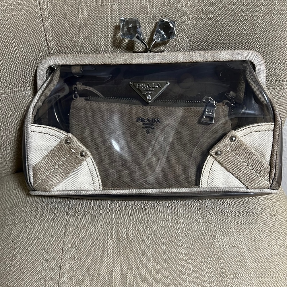 Authentic Prada Beige Canvas and PVC Kiss-lock Clutch with Pouch